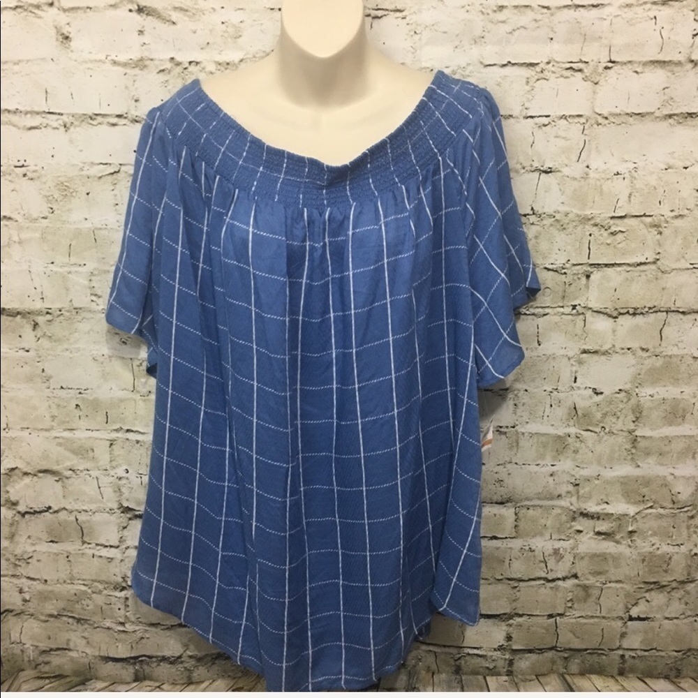 NWT Style & Co Poolside Check Off Shoulder Top - Picture 3 of 7